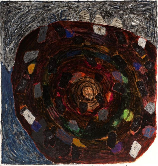 François Dilasser. Le bruit de nos vies. : Planète n°6 - 2000 Acrylique sur papier marouflé sur toile, 160 x 150 cm Photo Didier Olivré